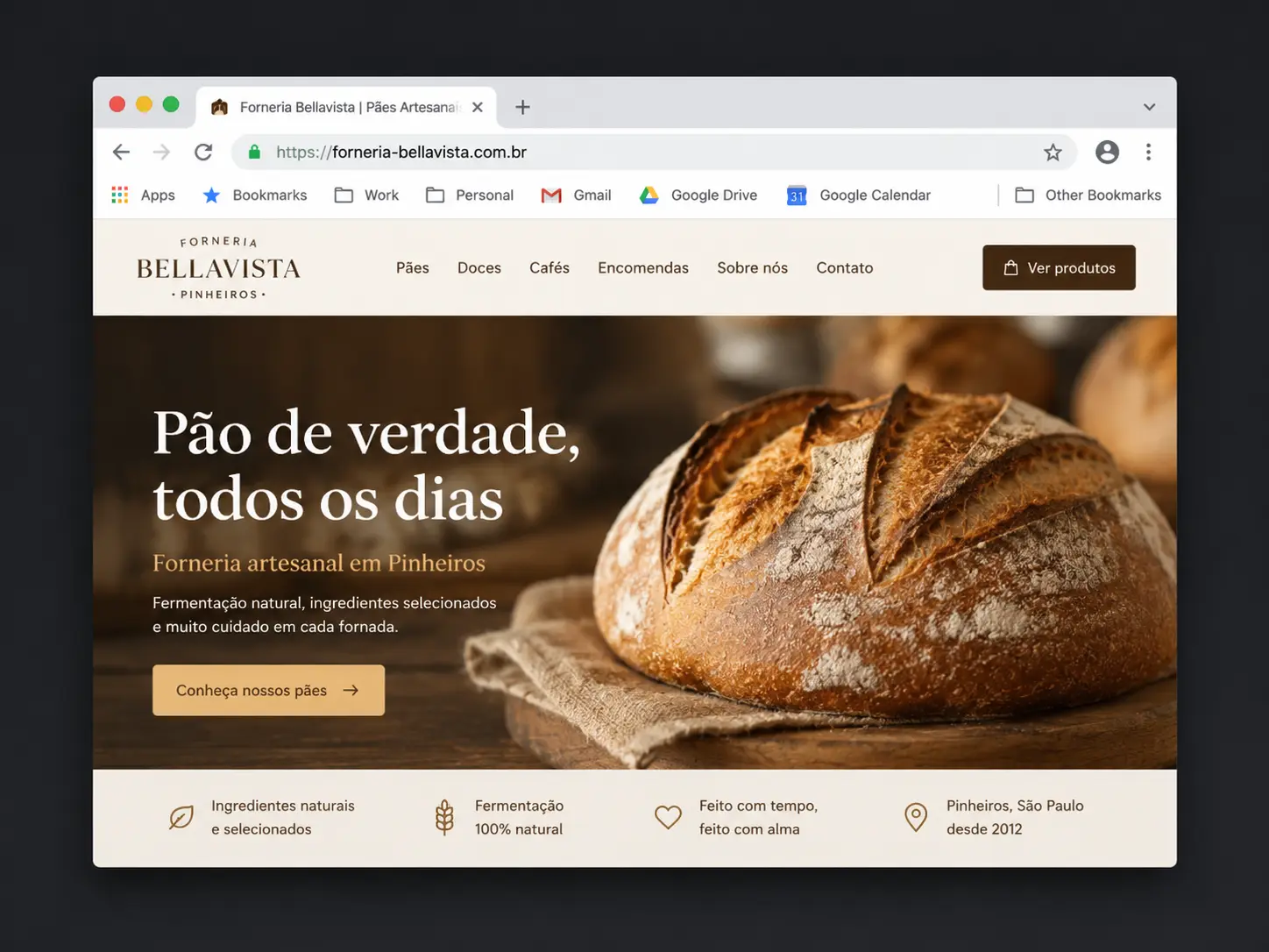 Captura de tela do site da padaria funcionando normalmente, com cadeado verde de SSL na barra de endereço
