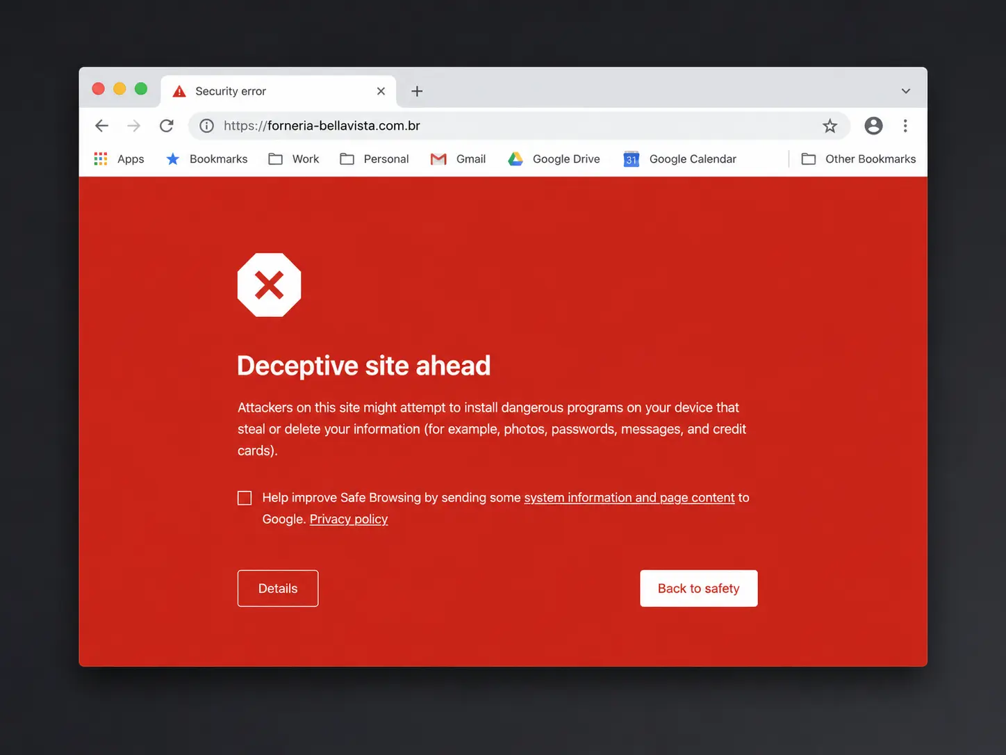 Captura de tela do Google Chrome exibindo o aviso vermelho de site enganoso