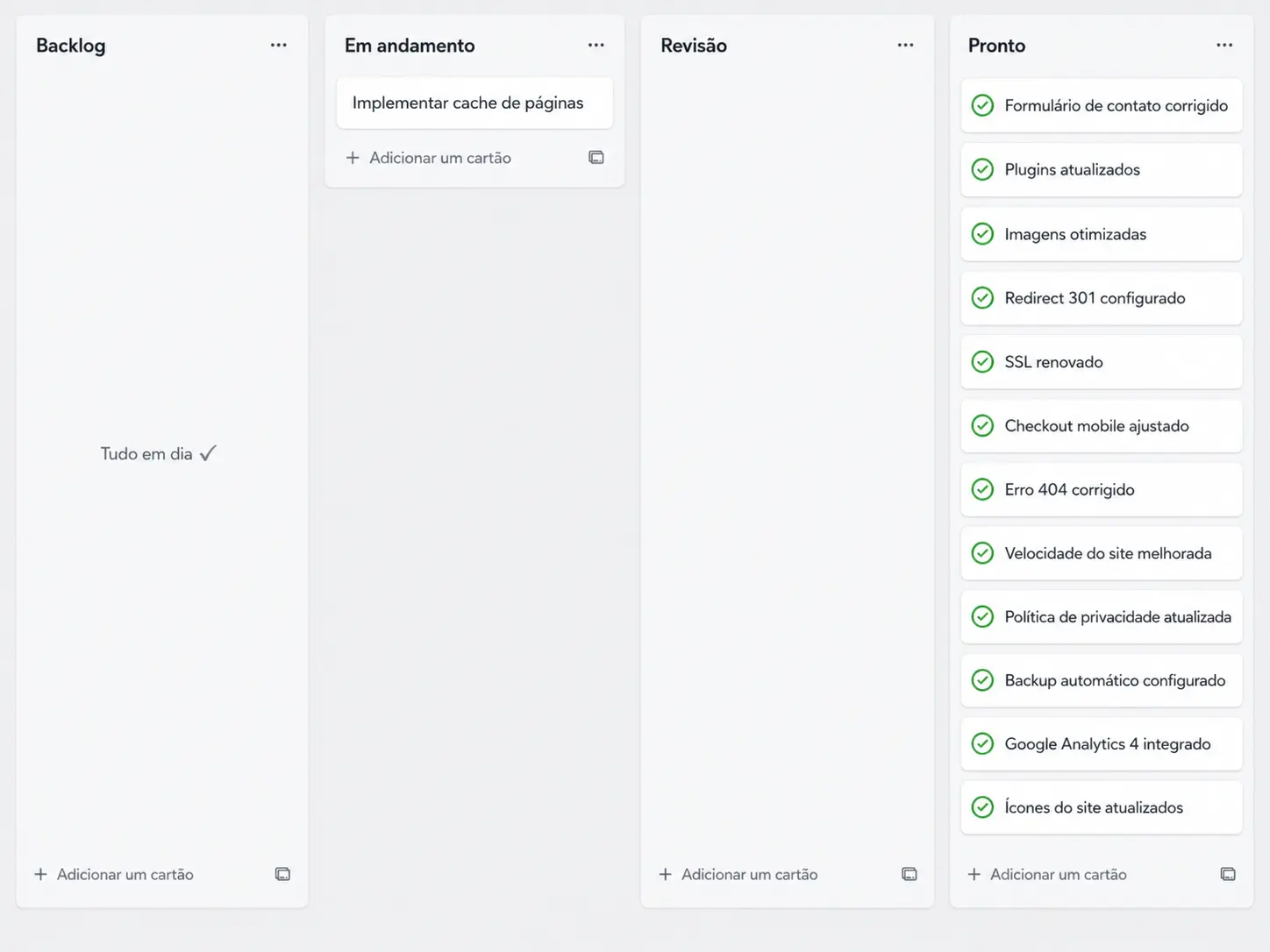 Quadro kanban com a coluna Backlog vazia e a coluna Pronto cheia de cartões concluídos com vistos verdes