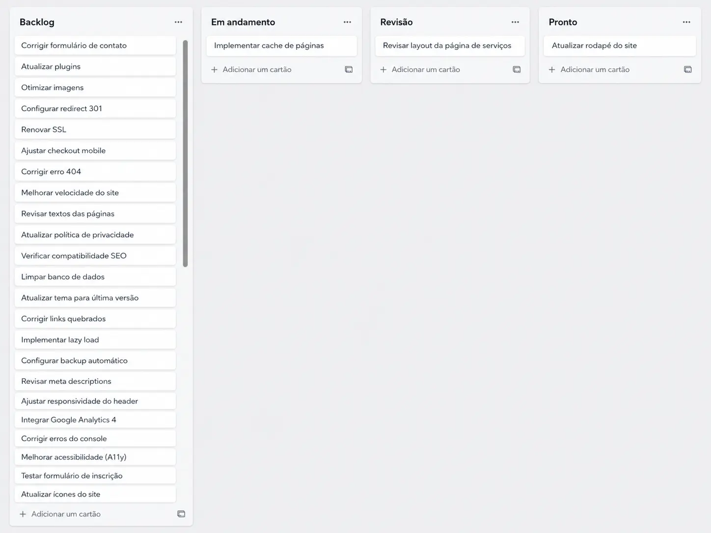Quadro kanban estilo Trello com 23 cartões empilhados na coluna Backlog